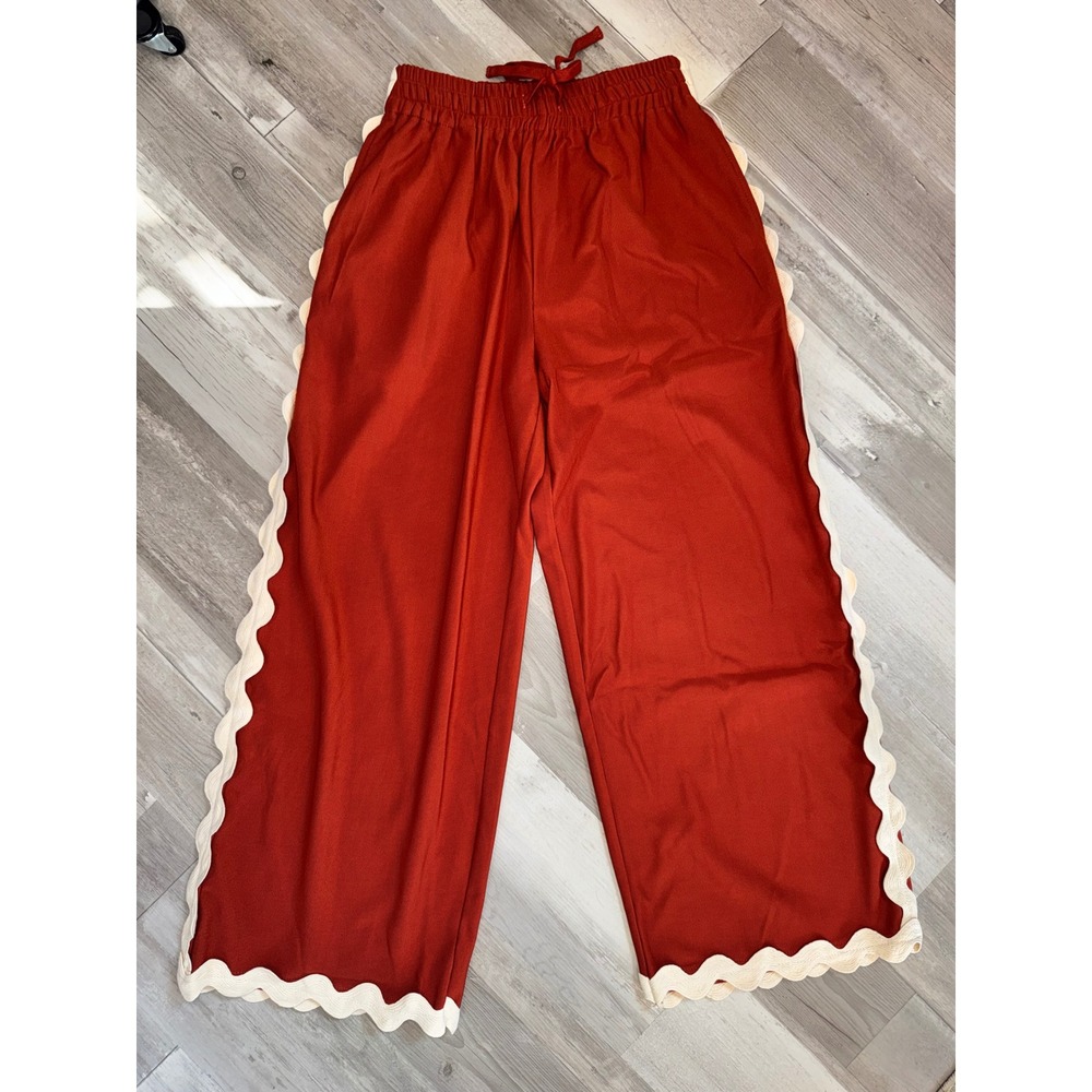 Unbranded Wide Leg Pants Women Rust Red Ric Rac Scallop Trim Ribbed Small - Picture 2 of 7
